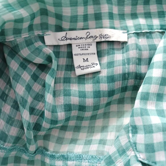AMERICAN RAG Shirt Blouse M Green Chiffon Gingham Roll Tab Sleeves LS - Picture 6 of 6
